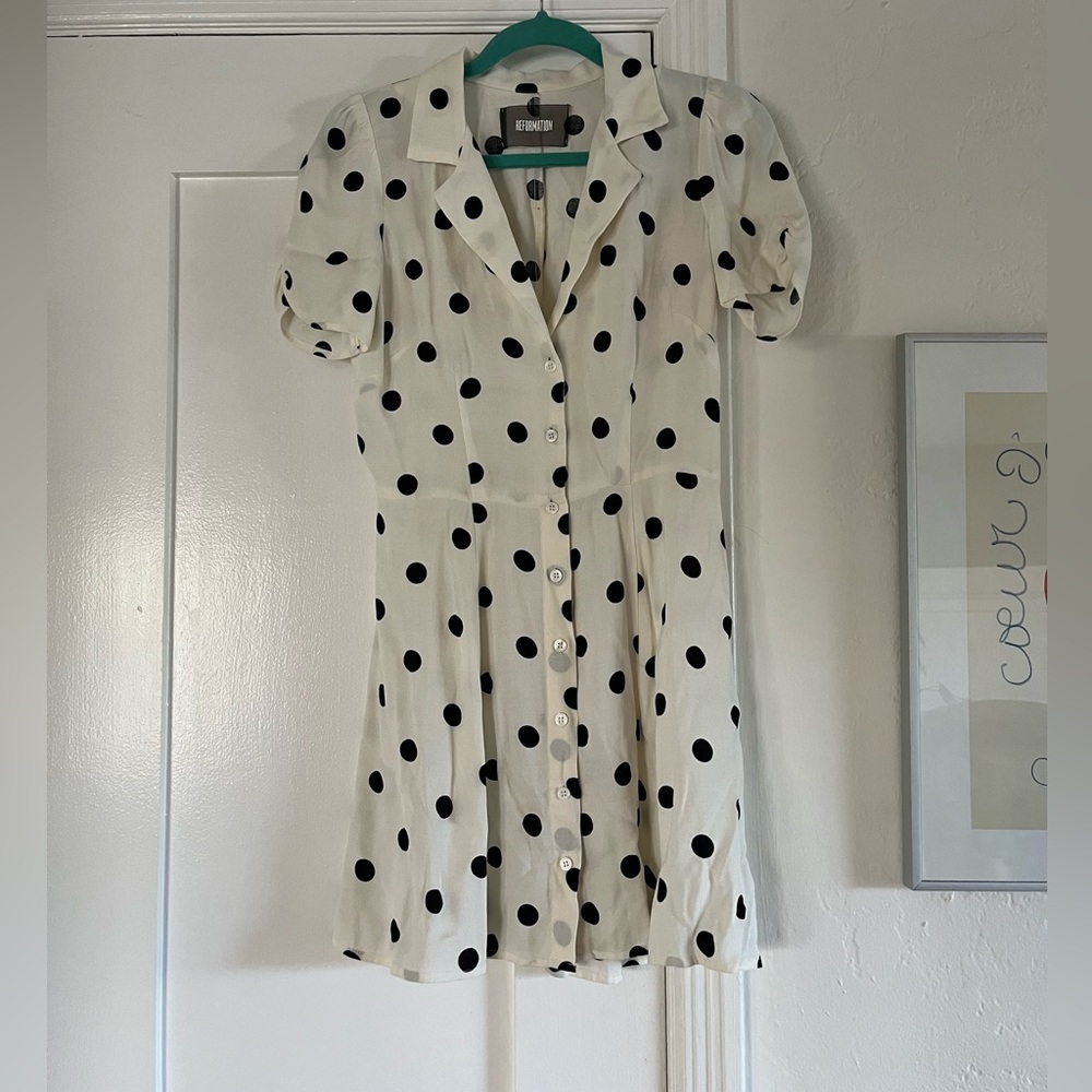 Reformation White Mini Dress with Black Polka Dots